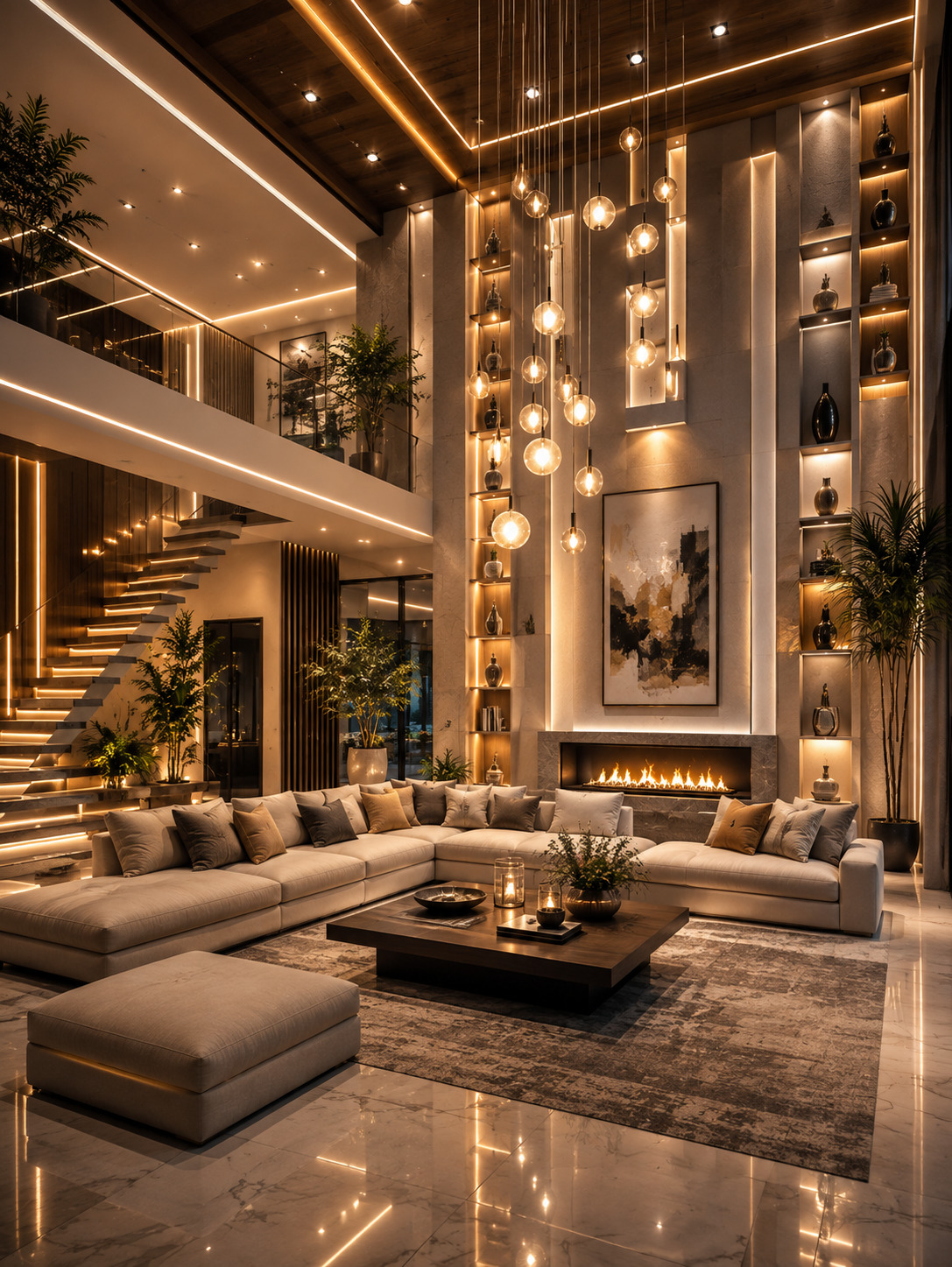 Atrium living space with staircase and pendant lighting