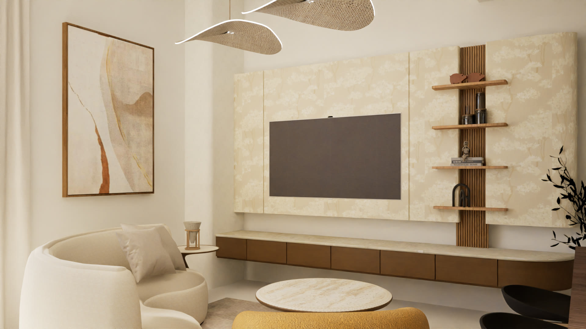 Living room with a tree-patterned media wall, slatted oak shelving and woven leaf pendants
