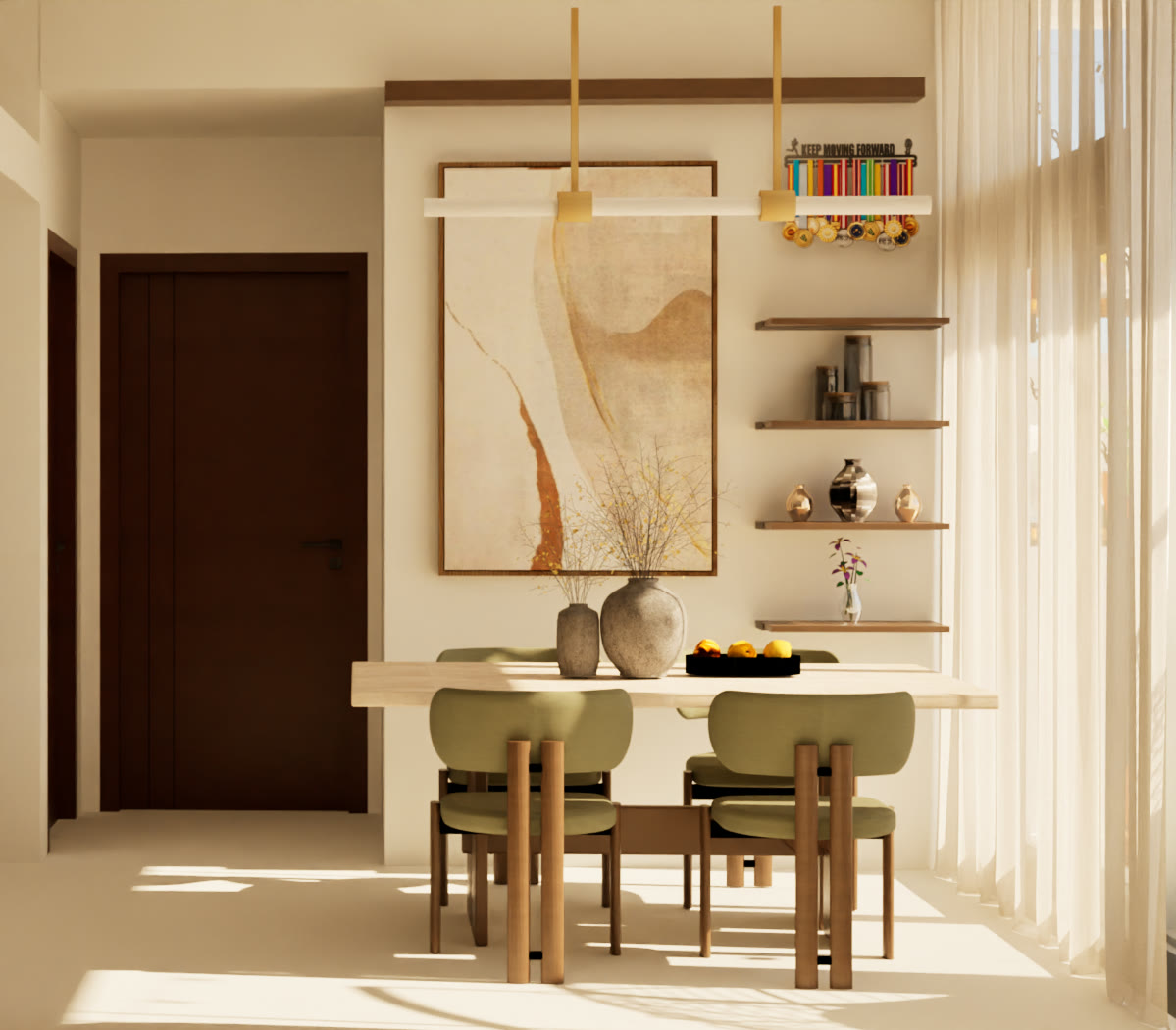 Dining table with olive chairs, abstract artwork and a linear brass pendant