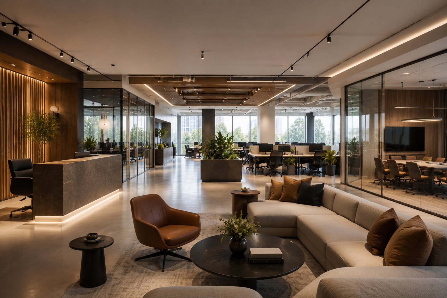 Open-plan workplace fit-out with a lounge, reception desk and glazed meeting rooms