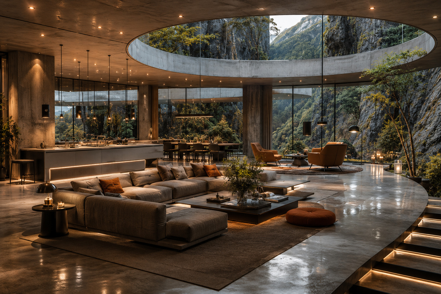 Double-height great room with a circular oculus and valley view