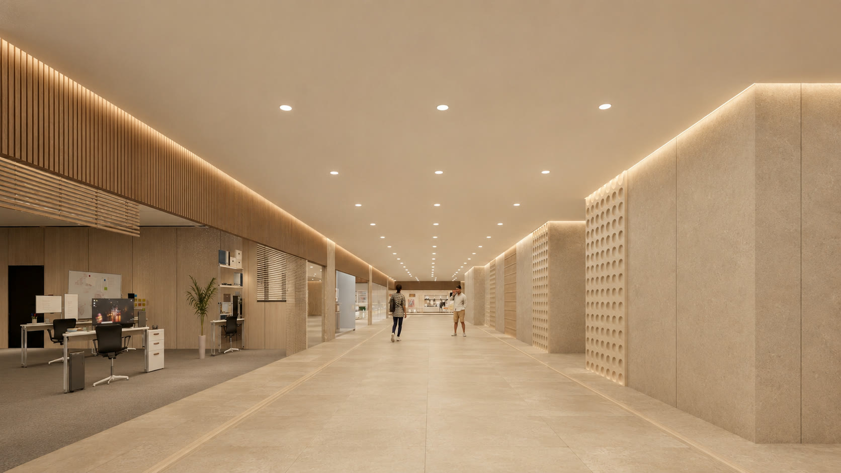 Long corridor with a timber slat ceiling edge and perforated stone panels