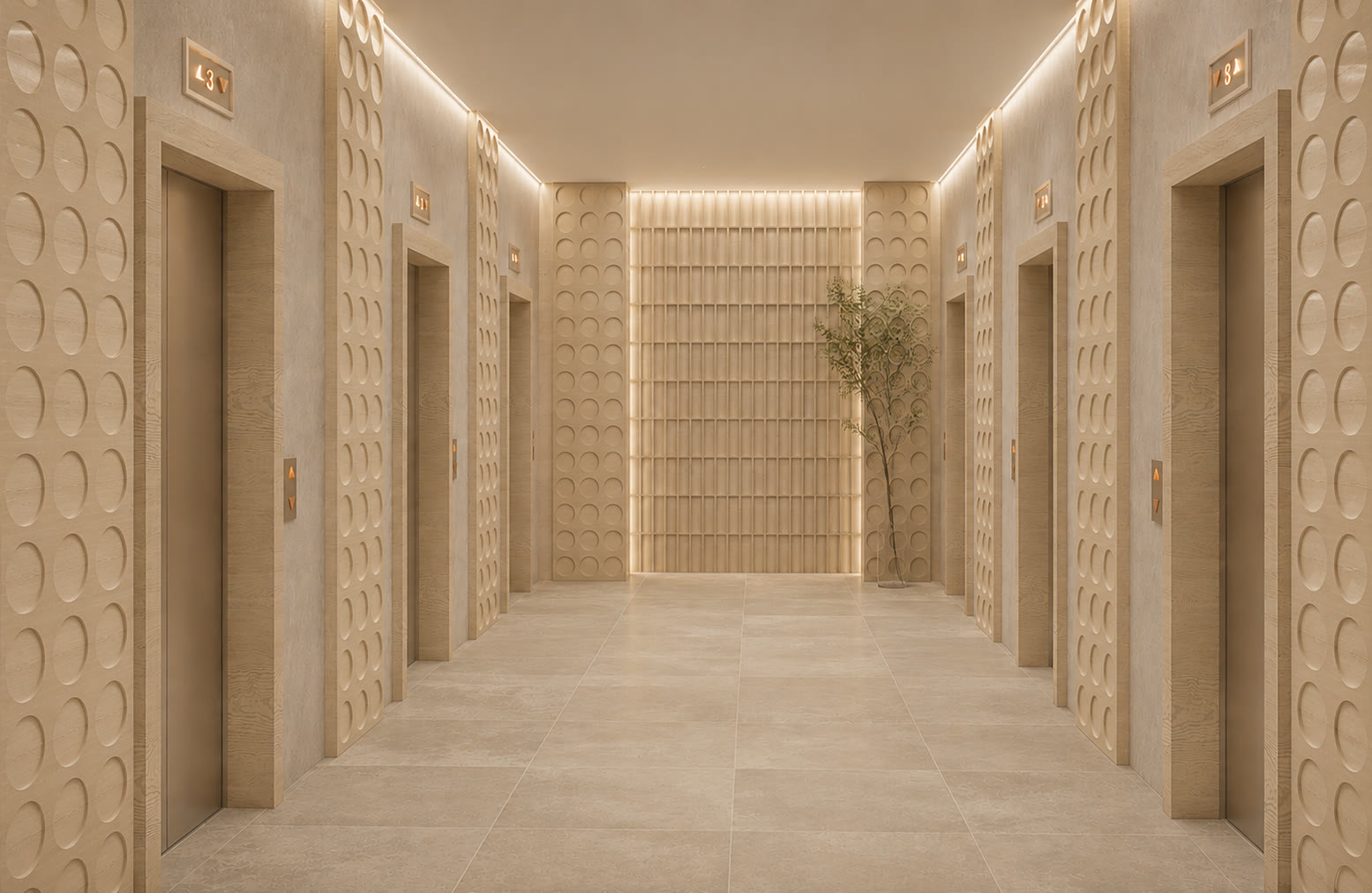 Lift lobby lined with perforated stone panels and a lit oak screen at the end