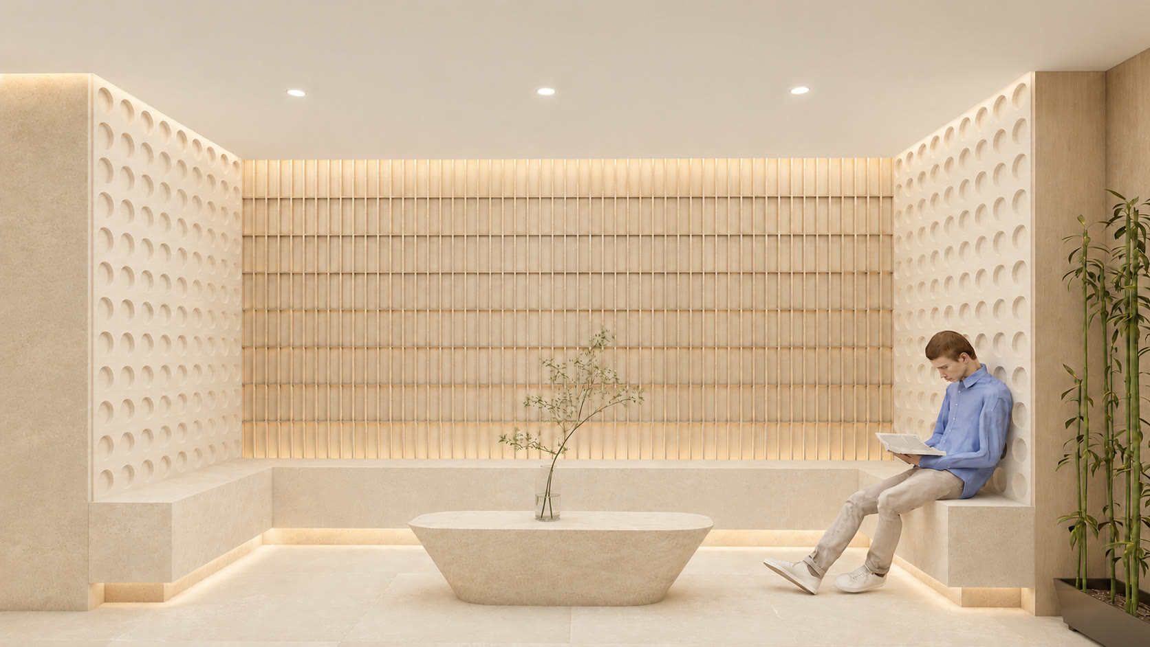 Waiting alcove with a built-in bench, a tree planter and a lit oak screen
