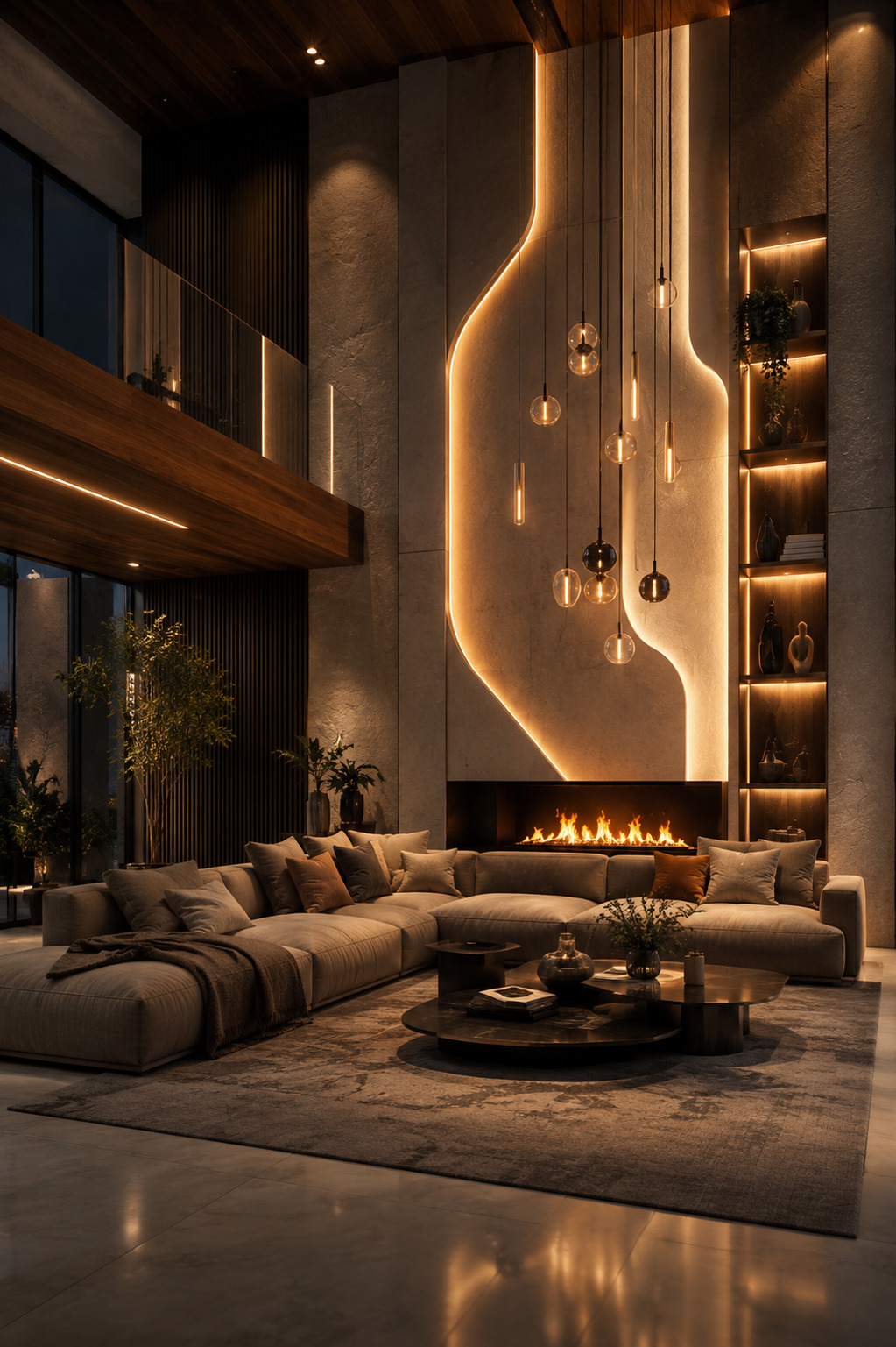 Living room with a sculpted fireplace and timber joinery