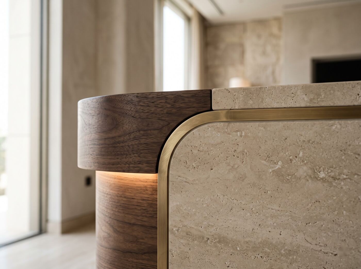 Curved walnut and limestone joinery with a brass edge, lit from below